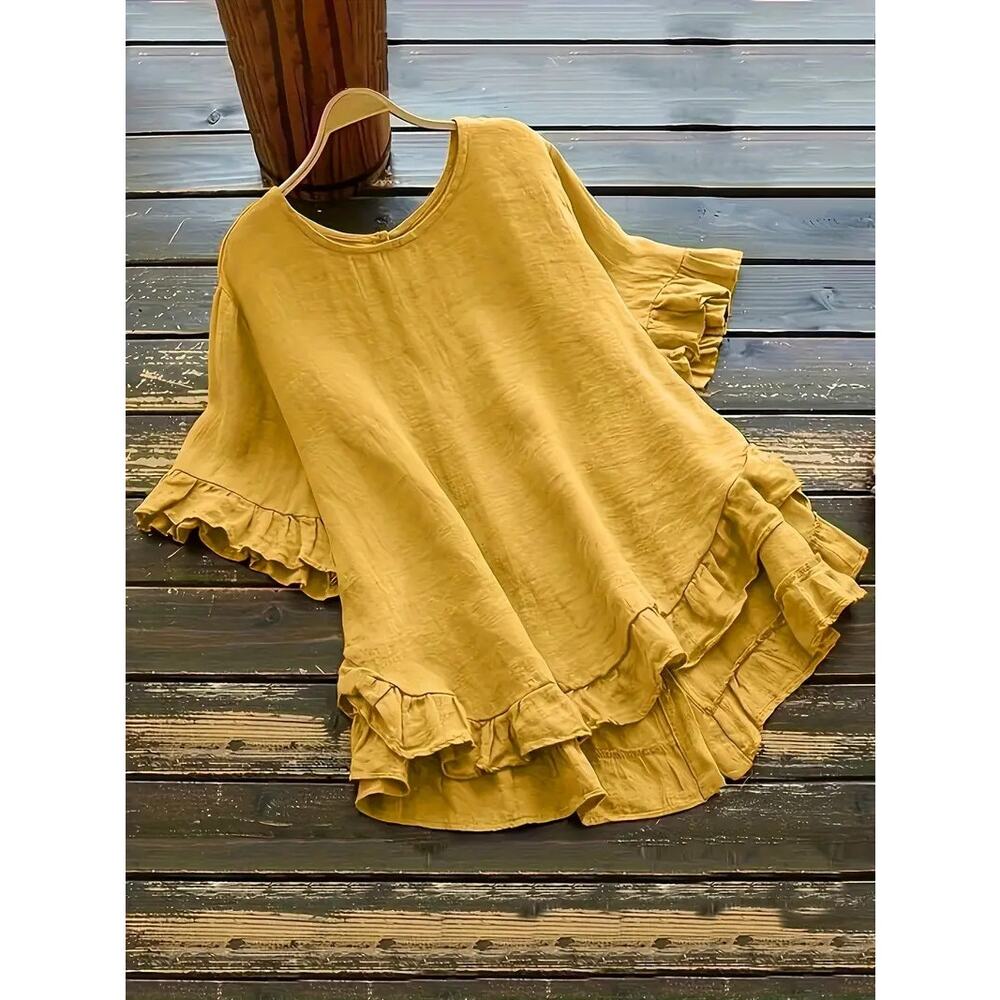 Blouse Womens 2XL Yellow NWT Button Front Ruffle Hem Flowy Short Sleeve Top